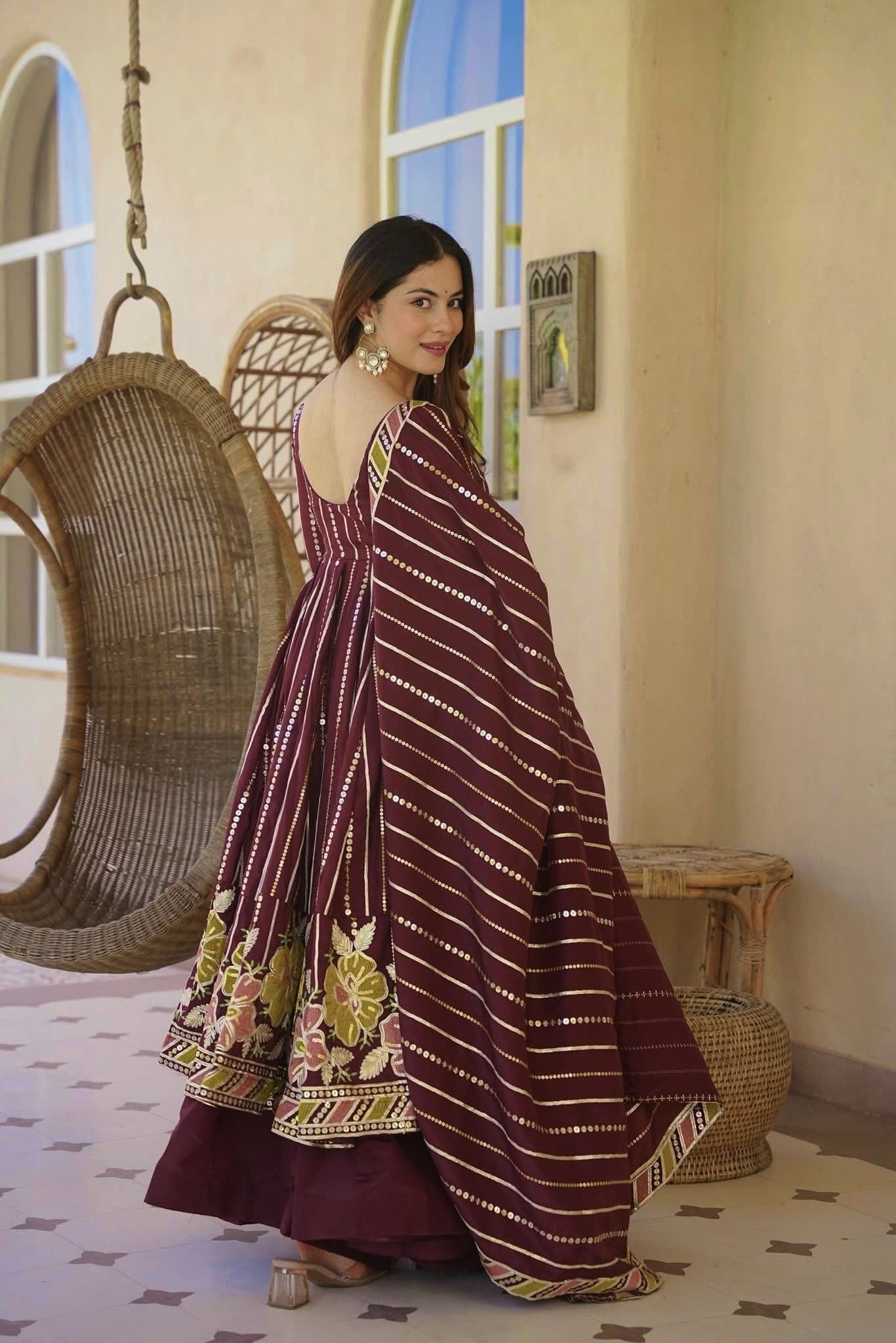 Wine Purple Floral Embroidered Cotton Anarkali Kurta with Palazzo & Striped Dupatta thumbnail 3