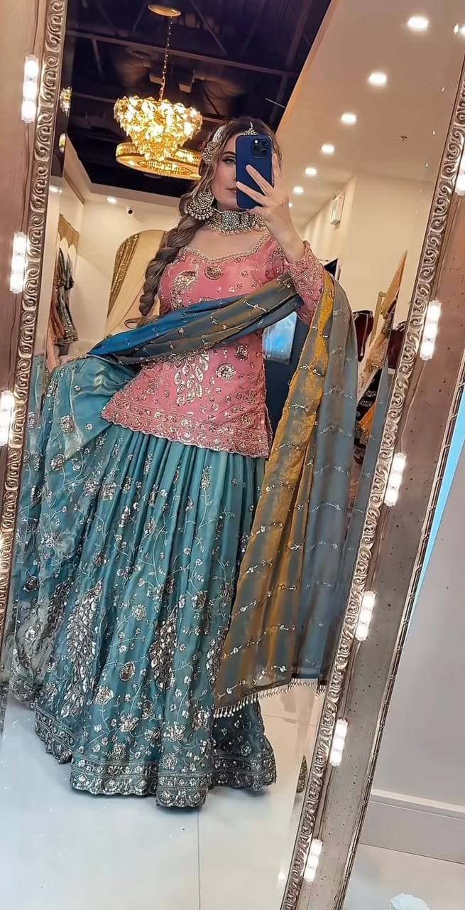 Dusty Pink Heavy Embroidered Silk Peplum Top with Teal Blue Floral Embroidered Plazzo &  Fandy  Dupatta
