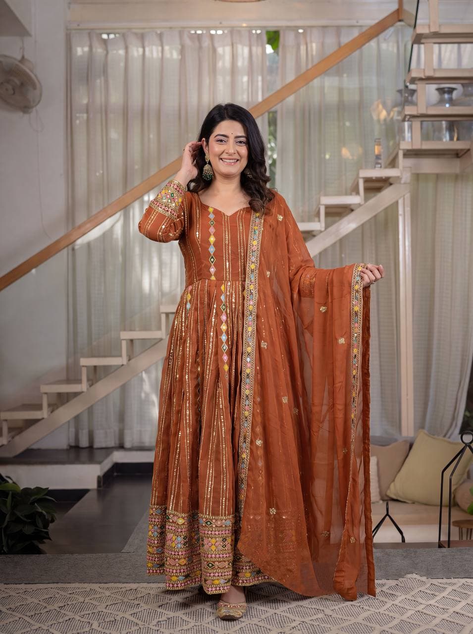 Women's Rust Orange Blend Anarkali Gown Set with Dupatta