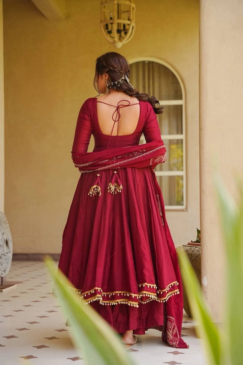 Designer Maroon Muslin Anarkali Suit Set with Dupatta for Women thumbnail 3