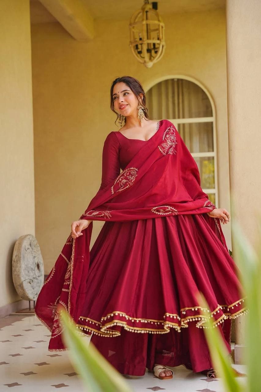 Designer Maroon Muslin Anarkali Suit Set with Dupatta for Women
