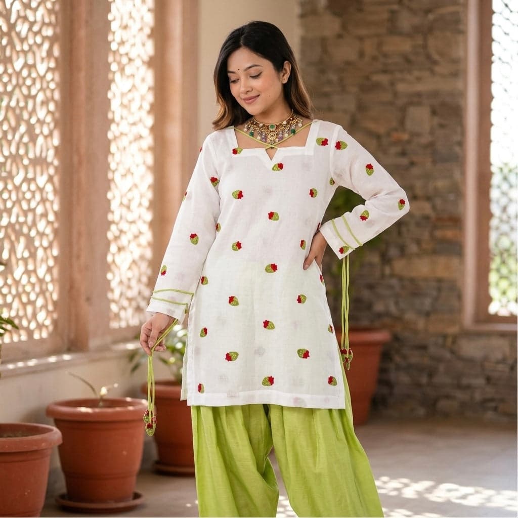 Women's White Embroidered Strawberry Straight Kurta with Lime Green Cotton Pant & Dupatta Set thumbnail 3