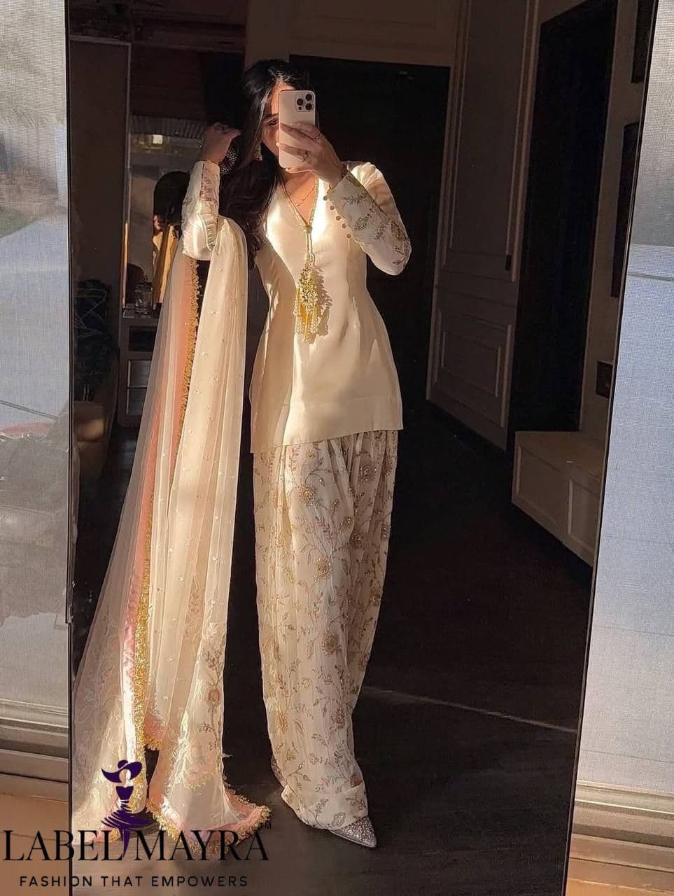 Elegant  Ofwhite Punjabi Suit with Floral Plazzo Set