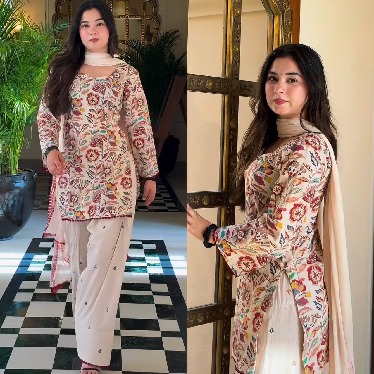 Women Off-White Floral Printed Cotton Kurta Set with Dupatta & Straight Pants thumbnail 2