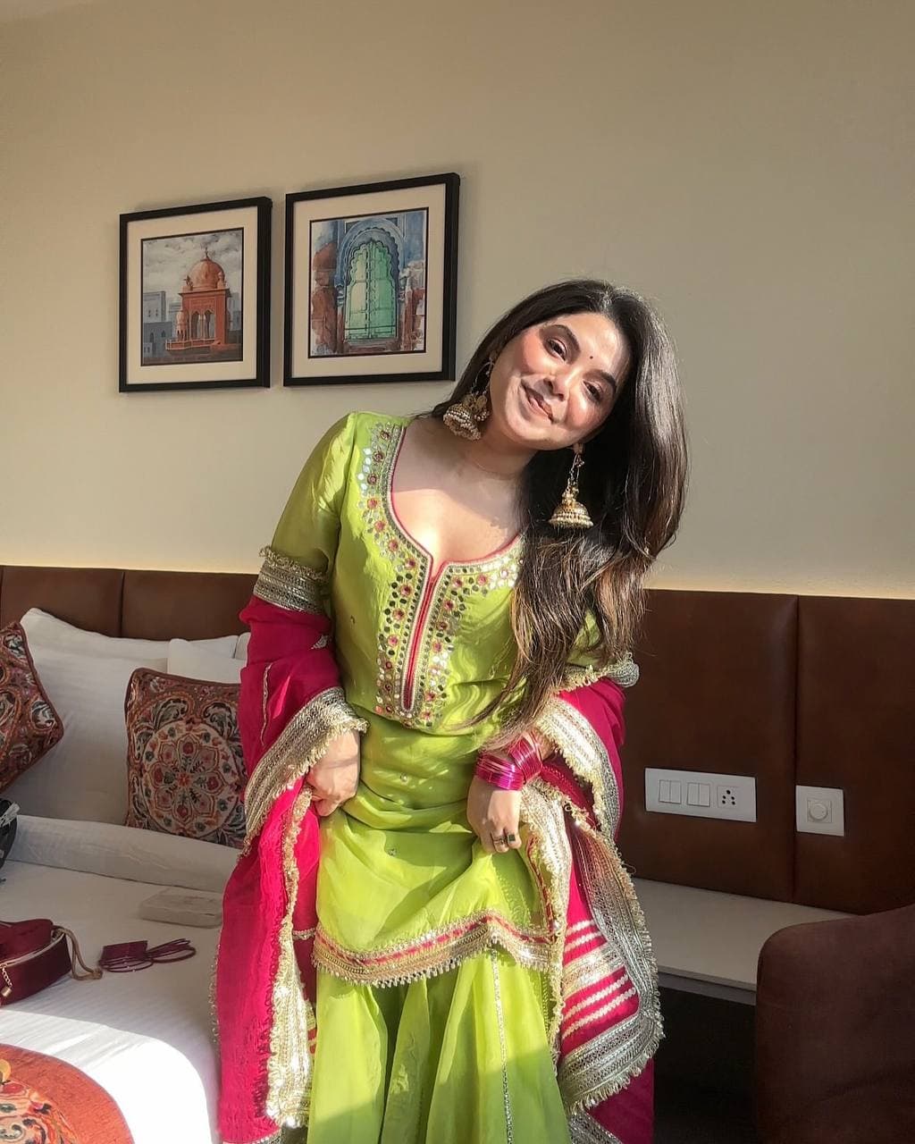 Vibrant lime green traditional outfit with pink and gold accents. thumbnail 3
