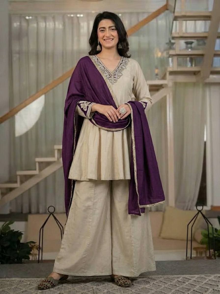 Women's Ivory Beige Designer Kurta Palazzo Set with Purple Dupatta