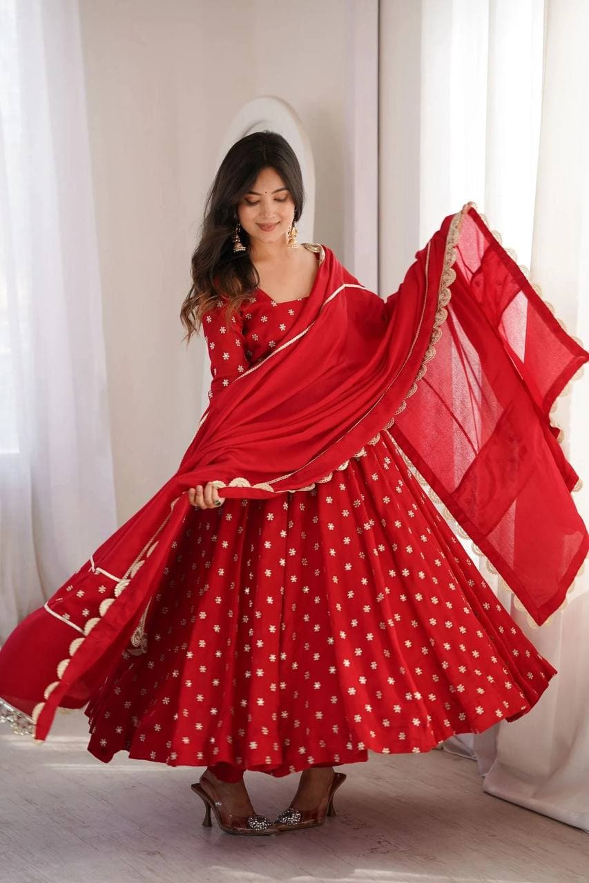 Women's Ruby Red Embroidered Georgette Anarkali Suit Set with Dupatta