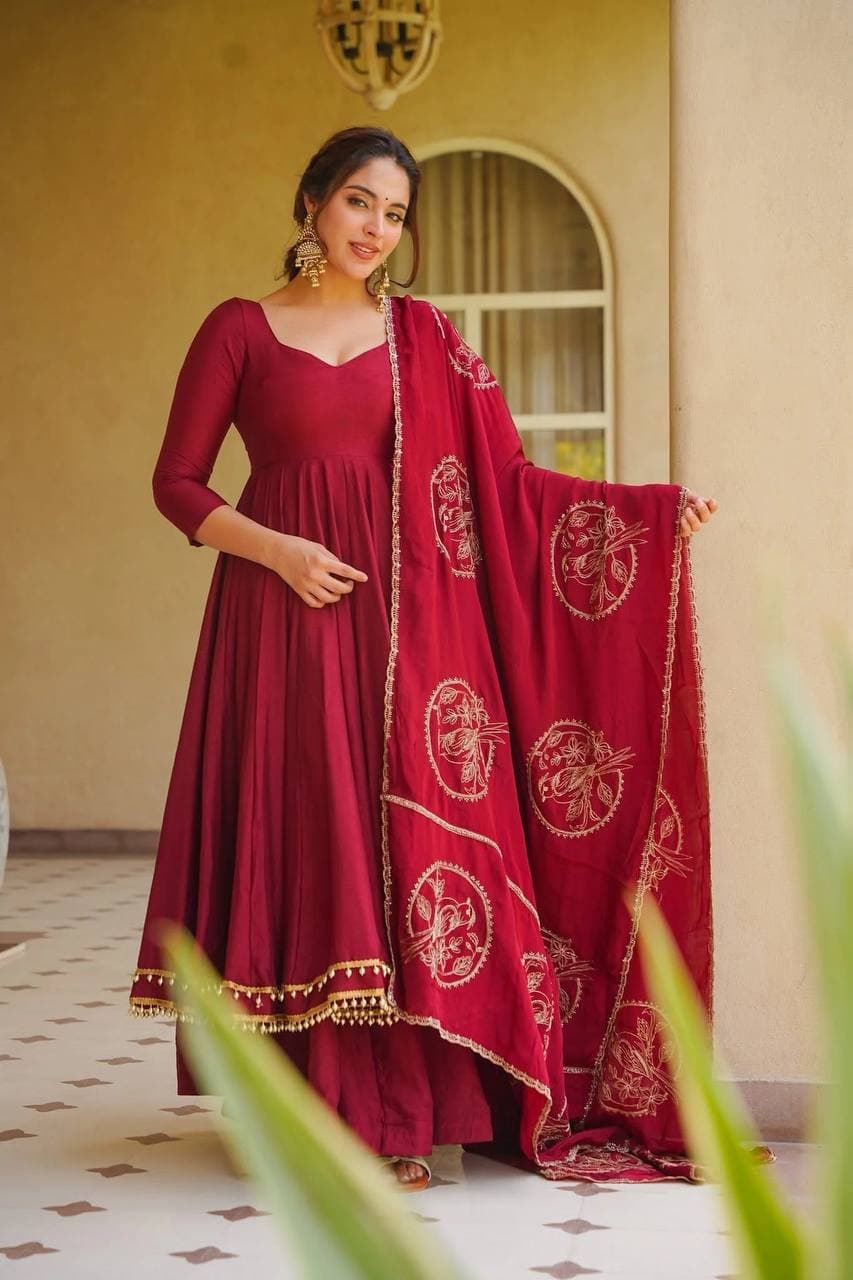 Designer Maroon Muslin Anarkali Suit Set with Dupatta for Women thumbnail 7