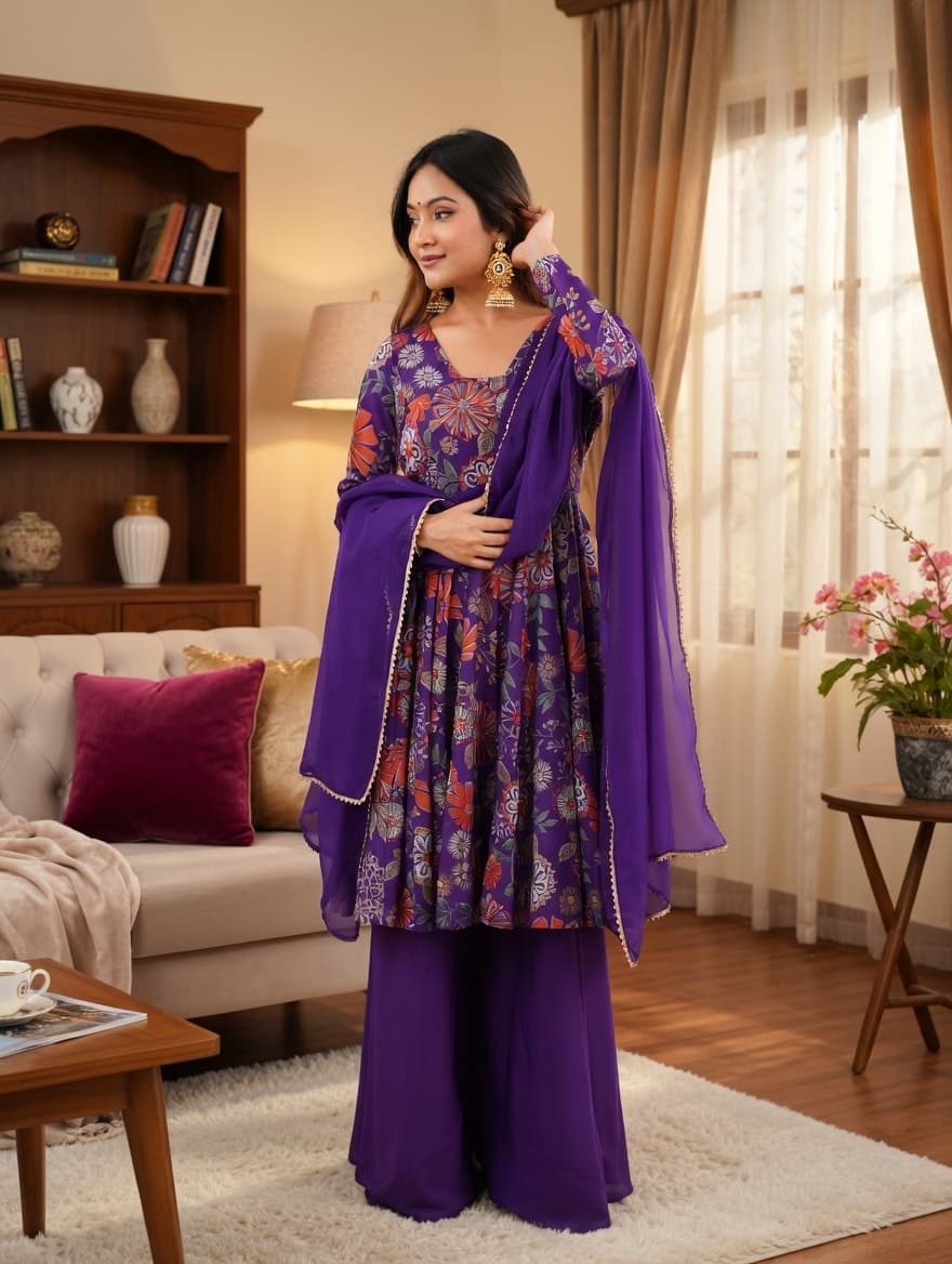 Women's Pure Roman Silk Chanderi Anarkali Kurta Palazzo & Dupatta Set