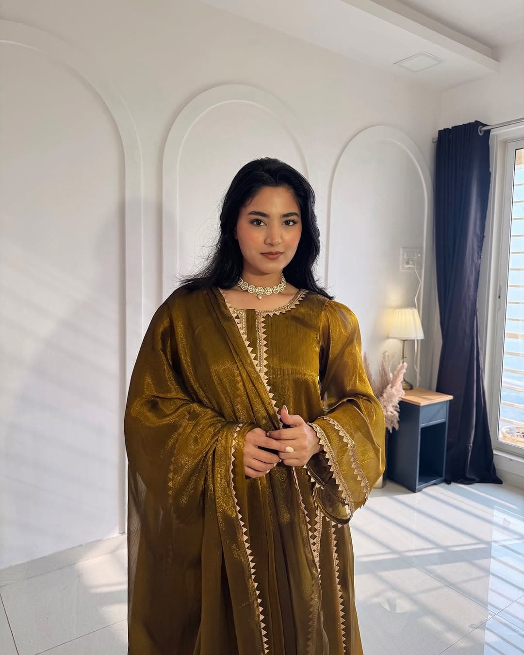 Mustard Organza Kurta Set with Embroidered Neckline & Dupatta – Elegant Festive Wear thumbnail 3