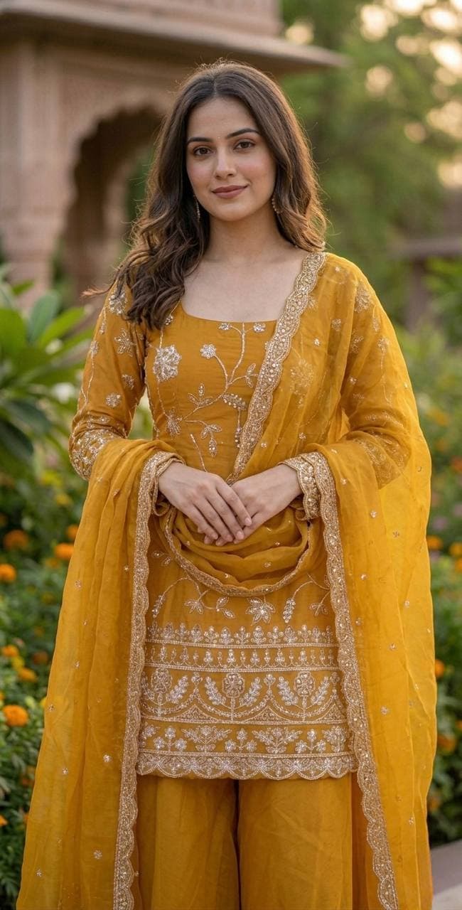 Elegant Mustard Yellow Embroidered Suit Set with Dupatta