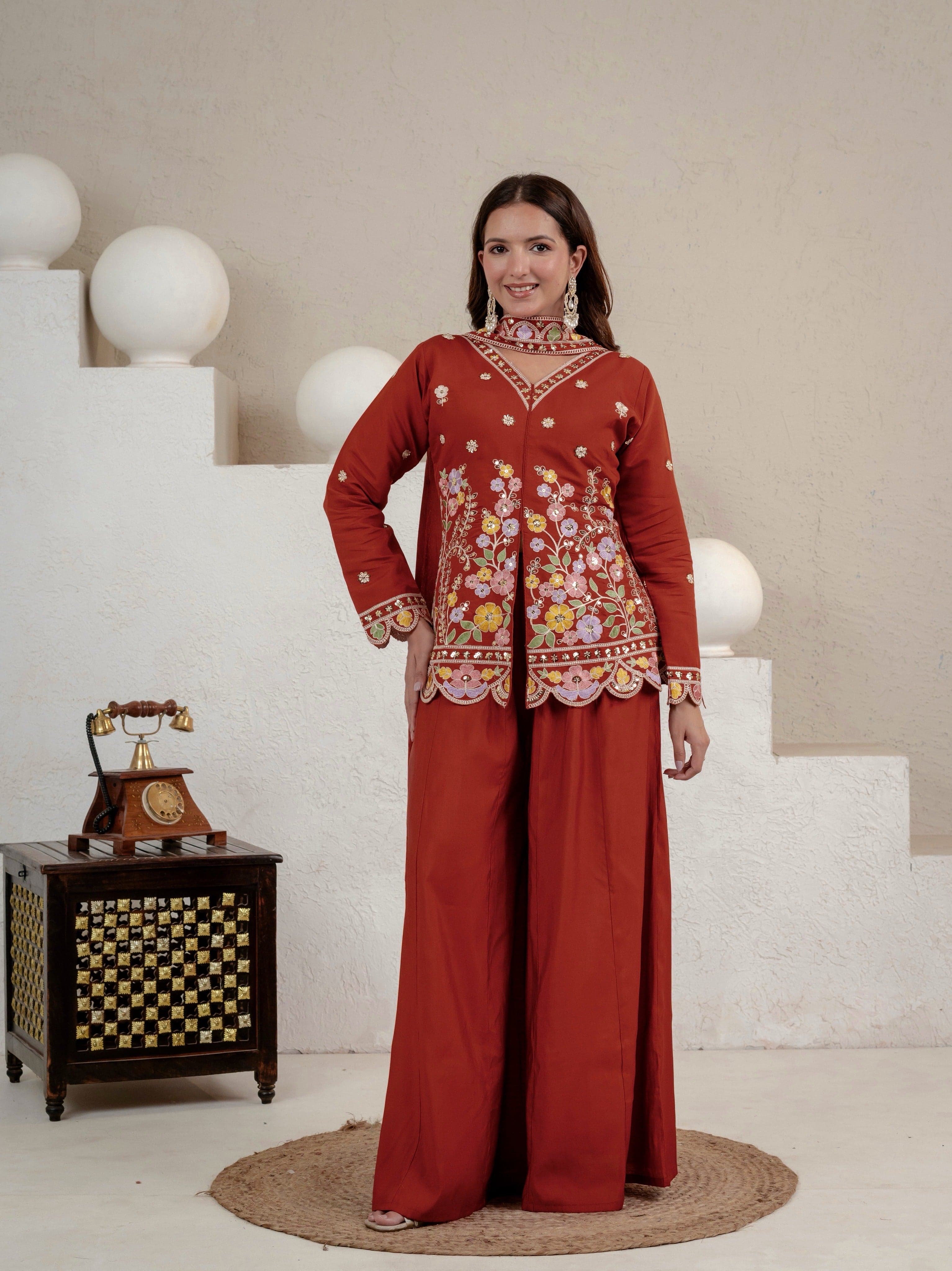 Women's Rust Floral Embroidered Roman Silk Straight Kurti with Palazzo Se thumbnail 9