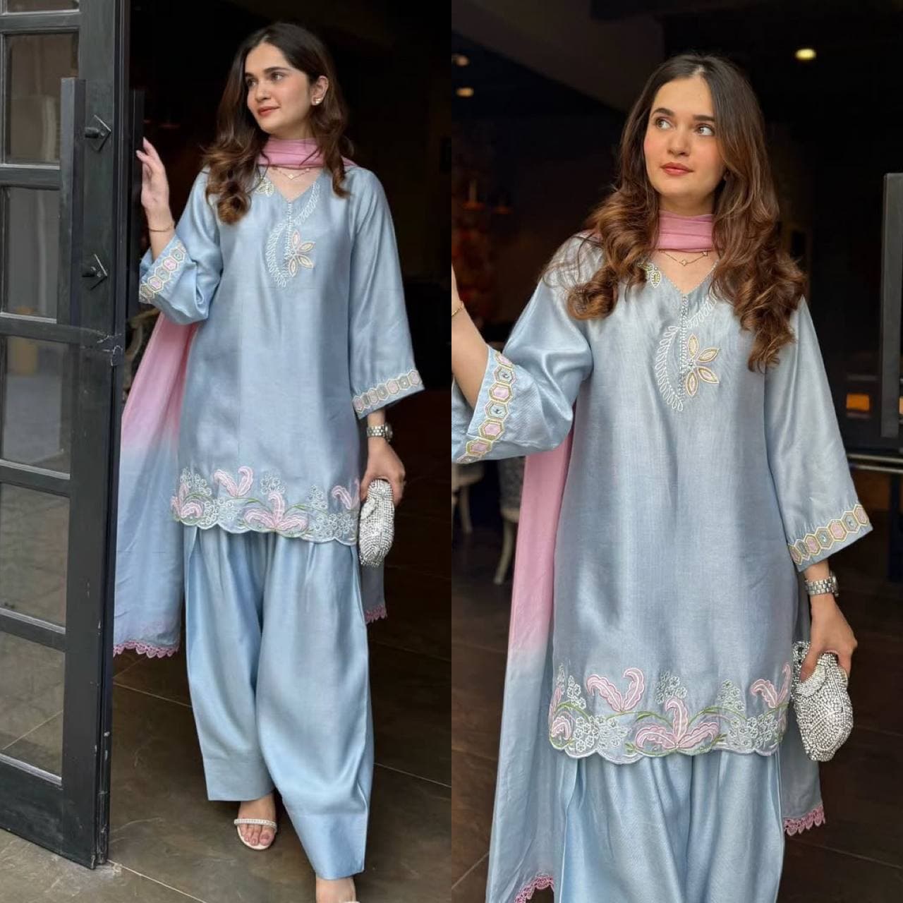Graceful Pastel Blue Kurta Set with Pink Accents thumbnail 2
