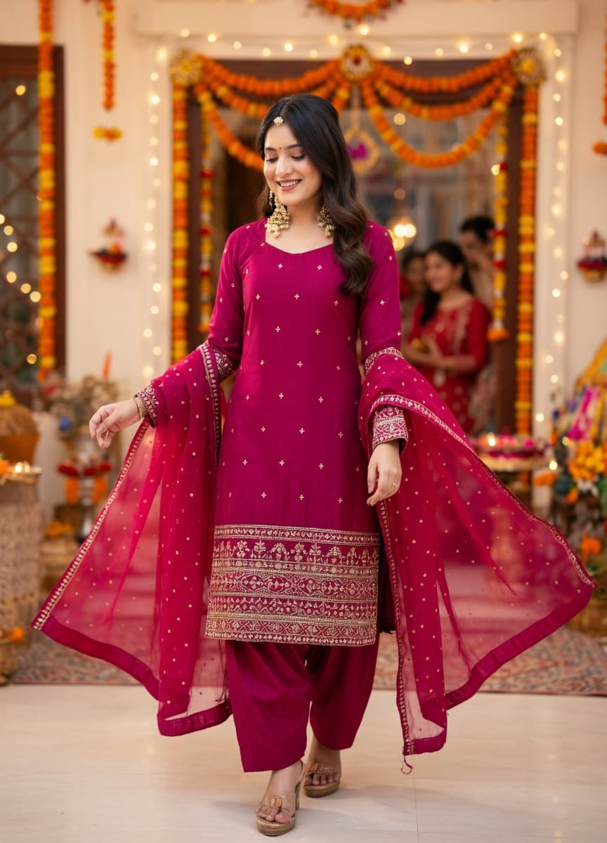 Kurties Designer Heavy Fendy Silk Kurta Set with Embroidered Dupatta & Farshi Shalwar - Elegant Zari & Sequin Work | Roman Silk 2.2m Dupatta | Perfect for Weddings & Festive Occasions thumbnail 2