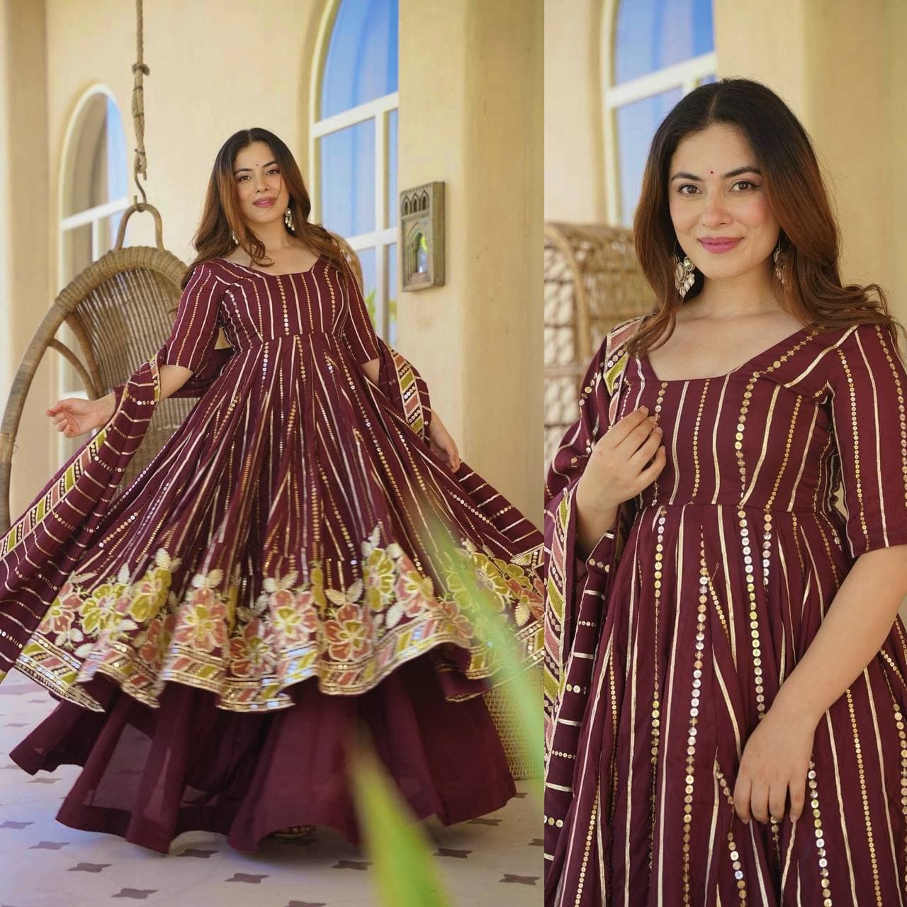 Wine Purple Floral Embroidered Cotton Anarkali Kurta with Palazzo & Striped Dupatta thumbnail 2