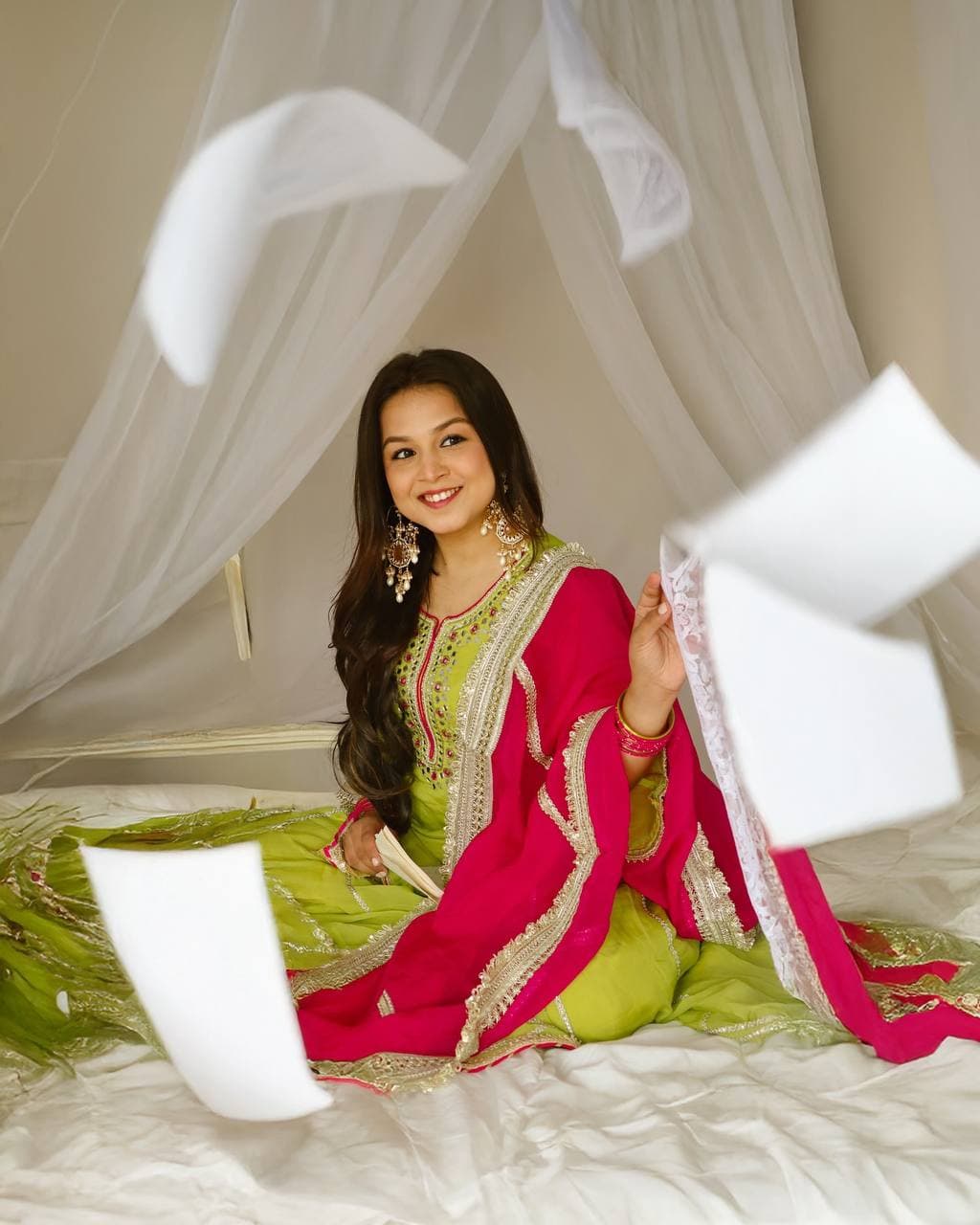 Vibrant lime green traditional outfit with pink and gold accents. thumbnail 6