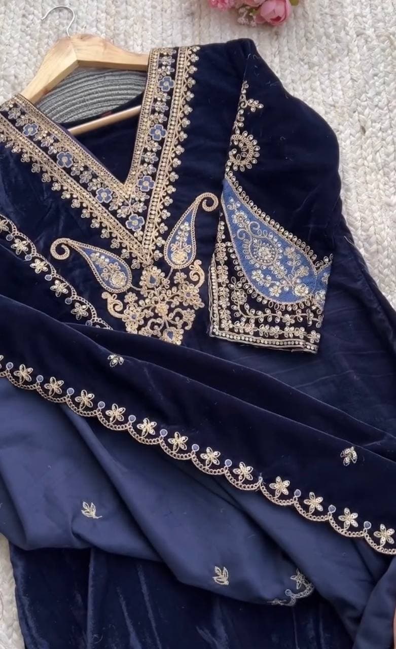 Opulent Blue Velvet Embroidered with Gold
