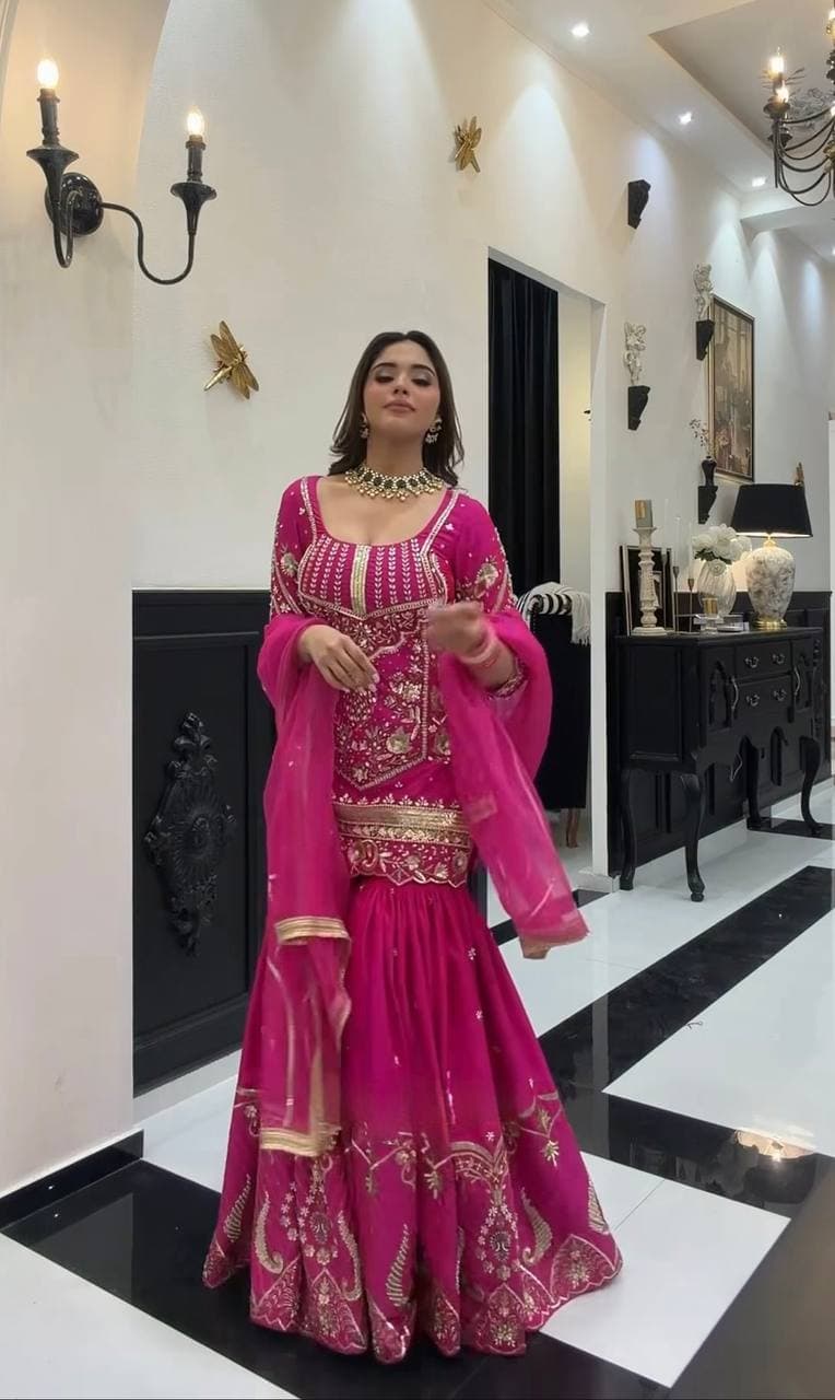 Luxury Rani Pink Embroidered Sharara Suit with Elegant Dupatta Collection thumbnail 5