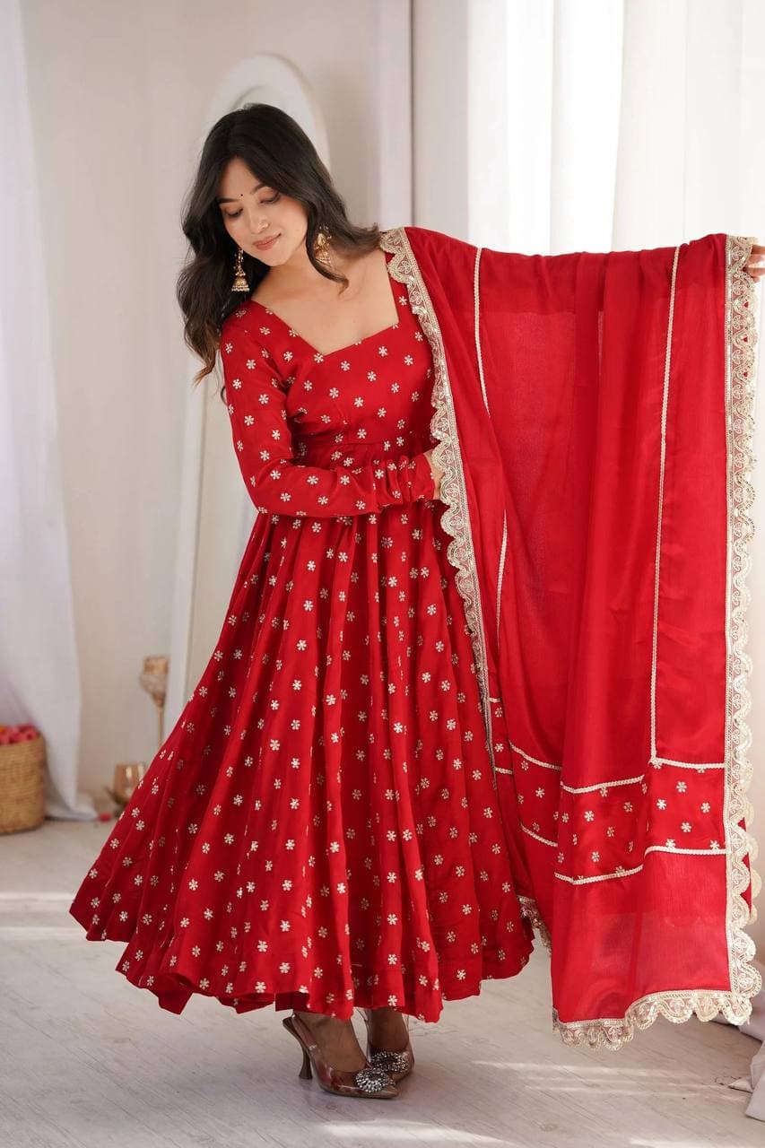 Women's Ruby Red Embroidered Georgette Anarkali Suit Set with Dupatta thumbnail 5