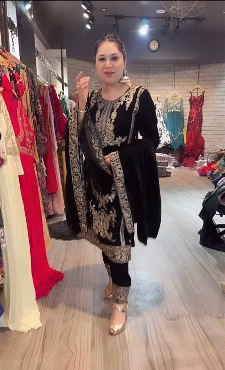 Charming Black Velvet Attire Accentuated with Rich Gold Detailing thumbnail 2