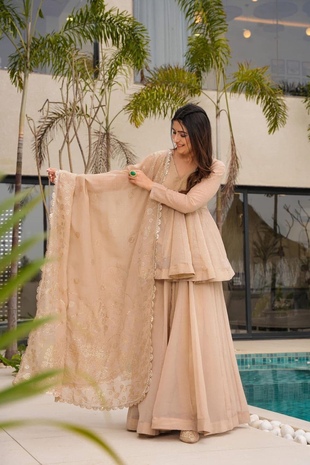 “Soft Peach Golden Embroidered Sharara Suit” thumbnail 3