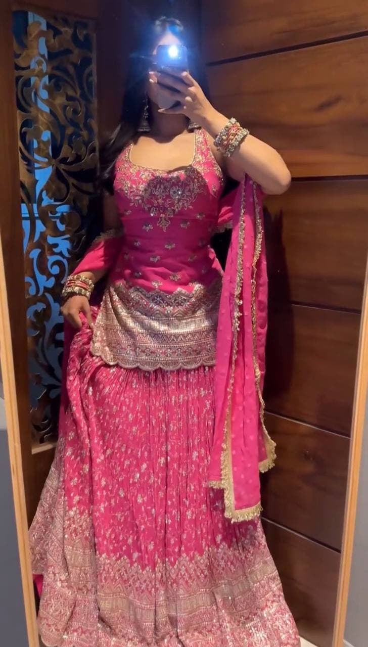 Rani Pink Heavy Embroidered Lehenga Choli Set with Dupatta