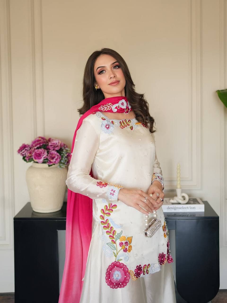 Luxury Ivory Floral Embroidered Kurti Palazzo Set with Pink Dupatta thumbnail 4