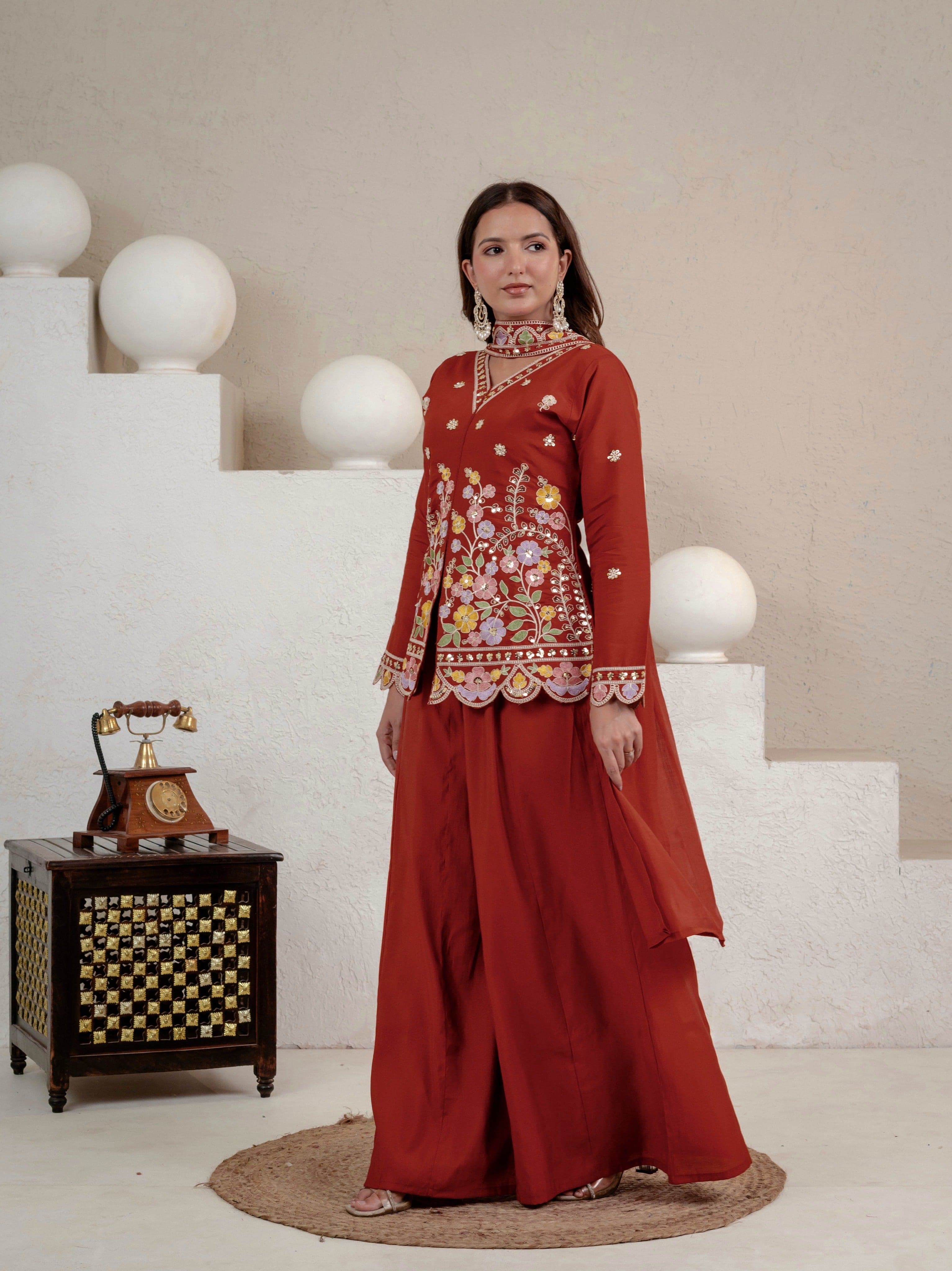 Women's Rust Floral Embroidered Roman Silk Straight Kurti with Palazzo Se thumbnail 6