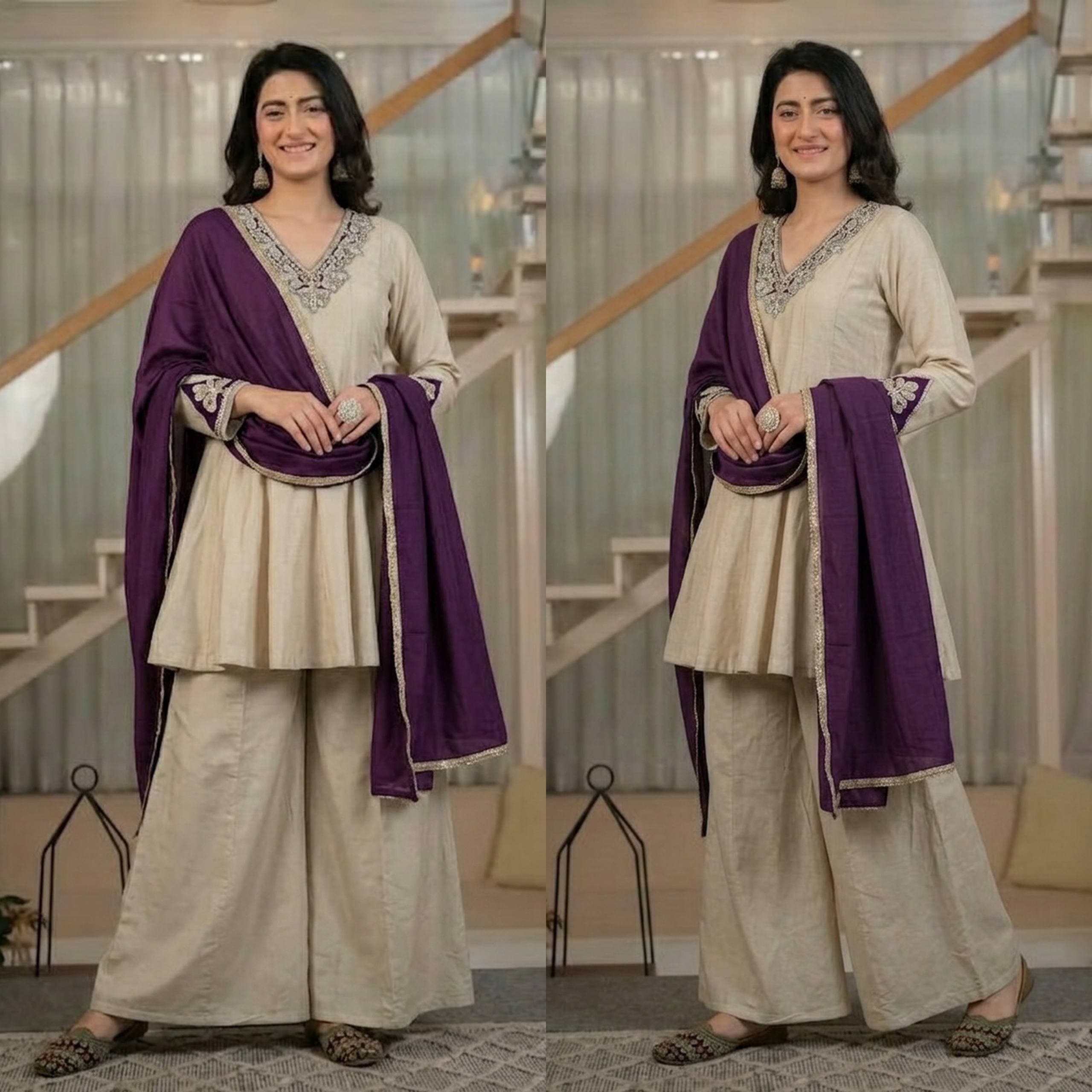 Women's Ivory Beige Designer Kurta Palazzo Set with Purple Dupatta thumbnail 6