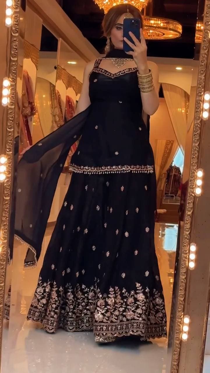 Elegant Black Sharara Suit with Heavy Golden Embroidery thumbnail 4