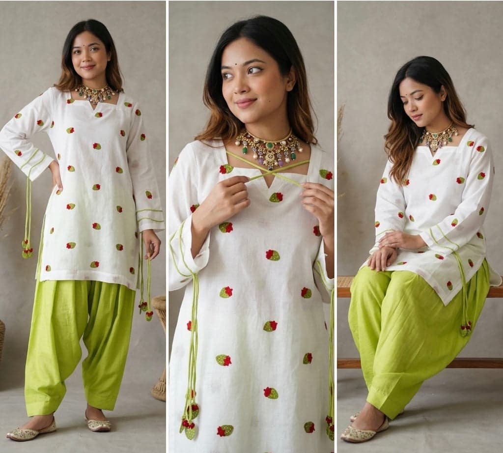 Women's White Embroidered Strawberry Straight Kurta with Lime Green Cotton Pant & Dupatta Set