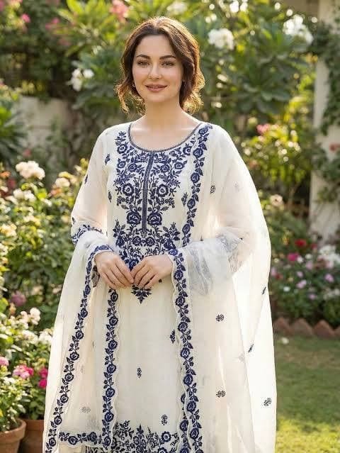 Premium White A-Line Kurti with Royal Blue Thread Work