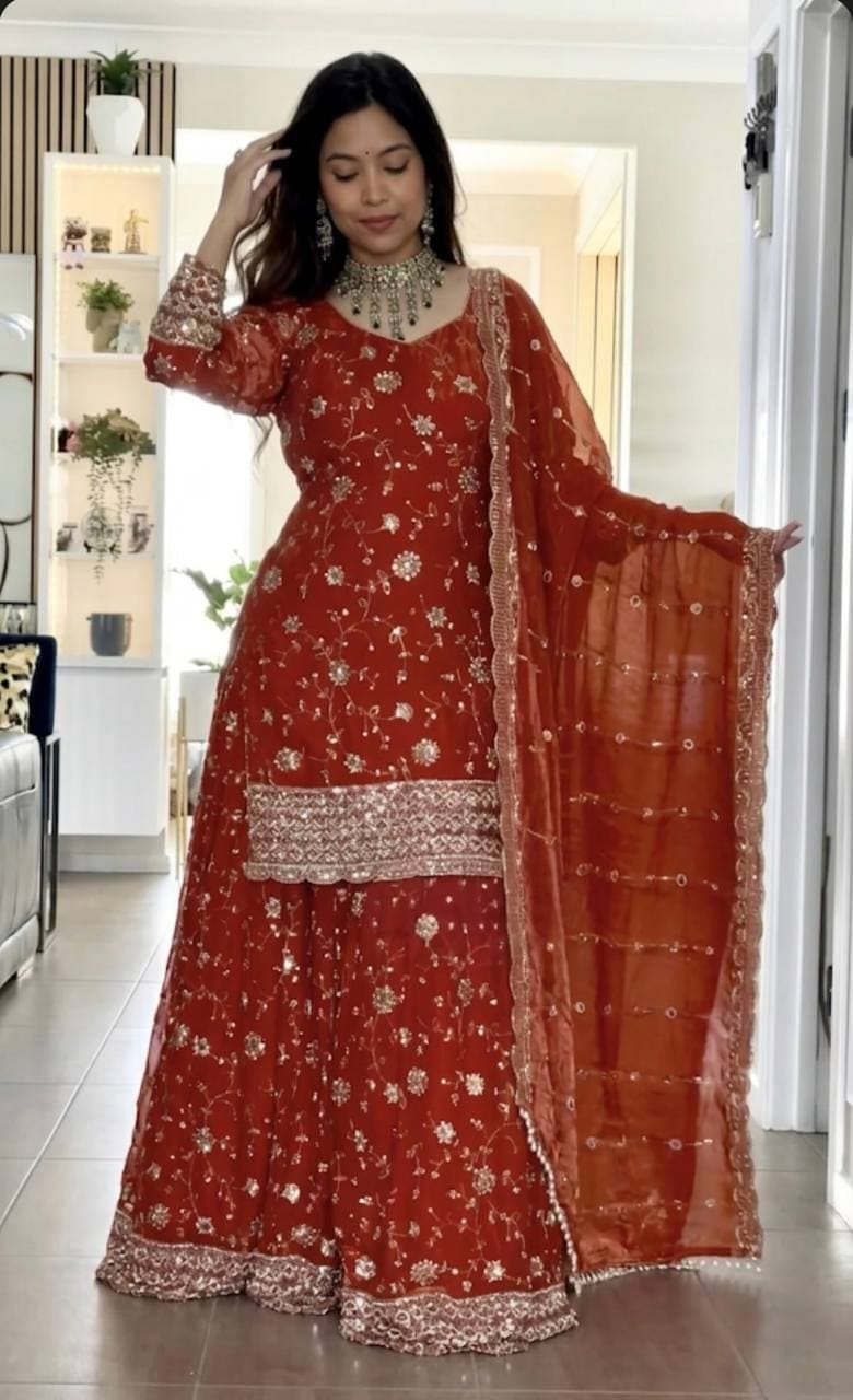 Elegant Red Designer Sharara Suit with Heavy Embroidery Dupatta thumbnail 3
