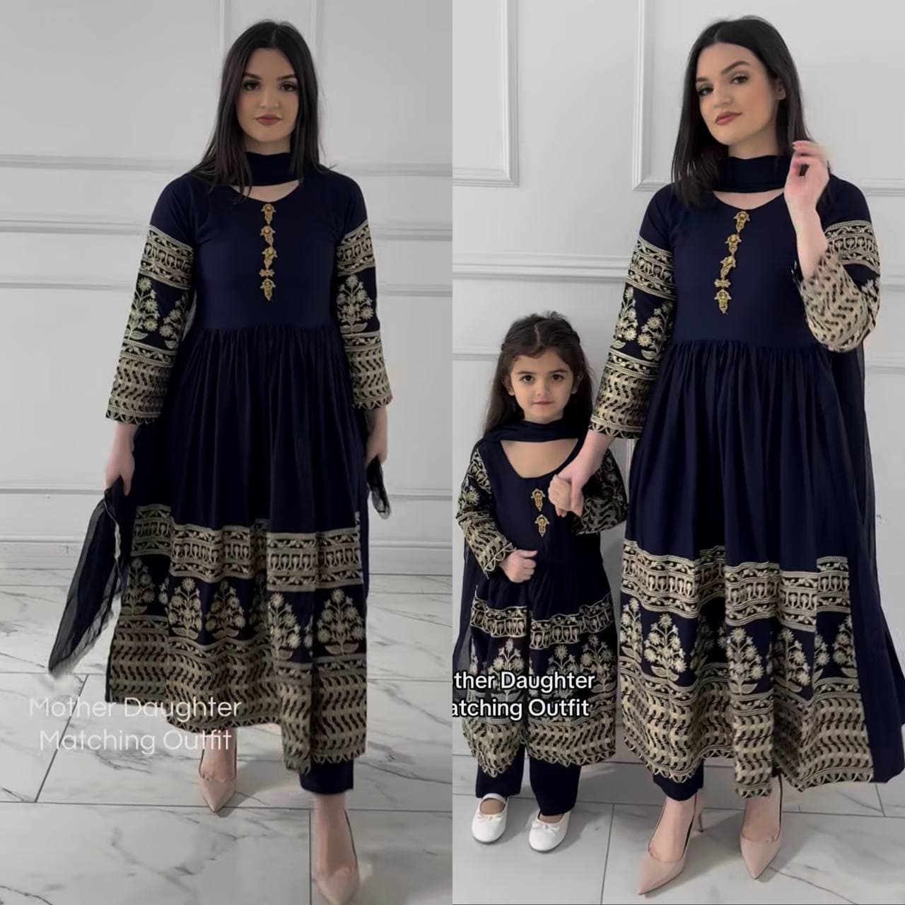 Navy Blue Embroidered Rayon Anarkali Kurta Set with Pant & Dupatta thumbnail 2
