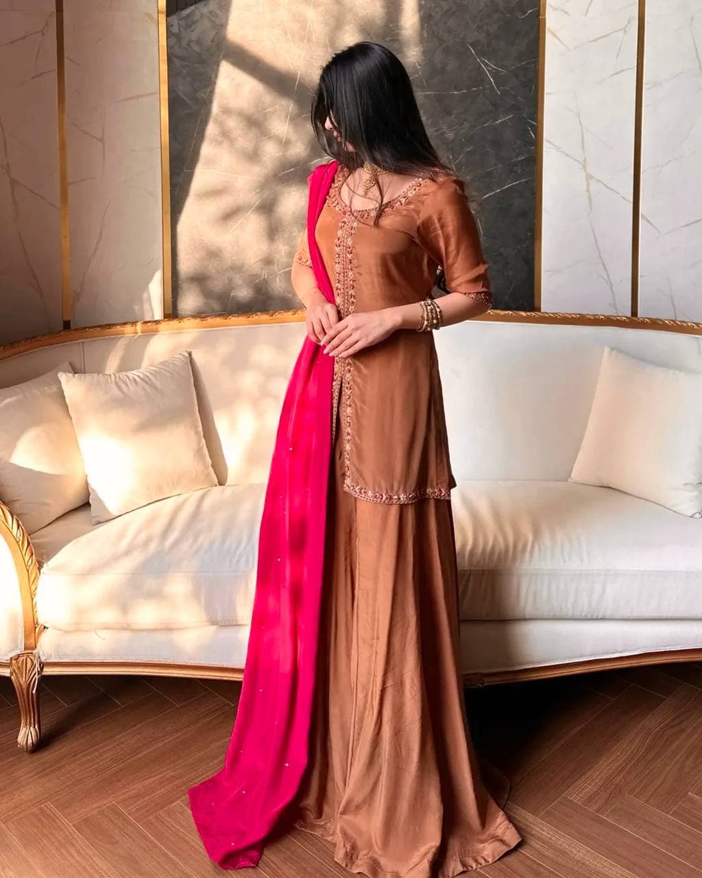 Graceful Brown Party Wear Sharara Set with Contrast Dupatta thumbnail 2