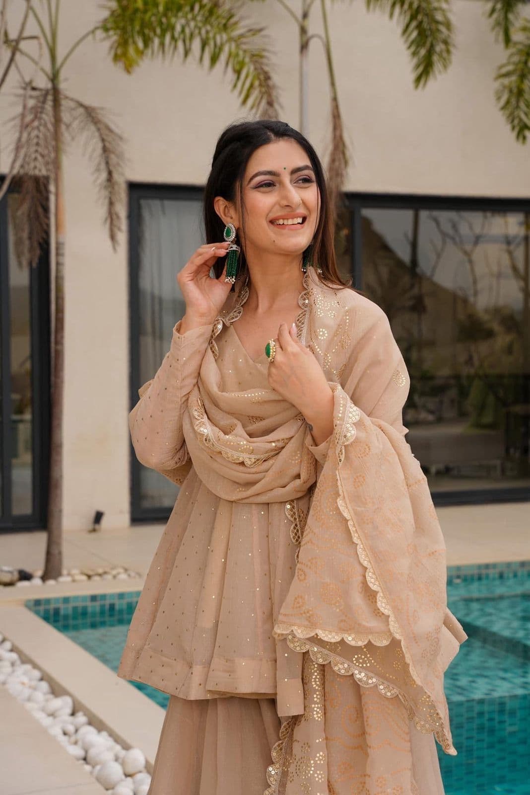 “Soft Peach Golden Embroidered Sharara Suit”