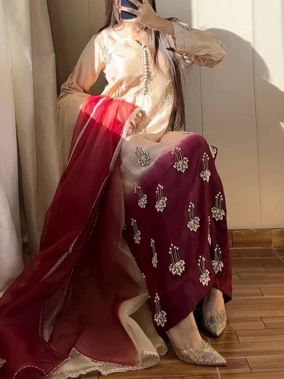 Graceful ethnic look with rich maroon dupatta and classy beige kurta vibes thumbnail 6