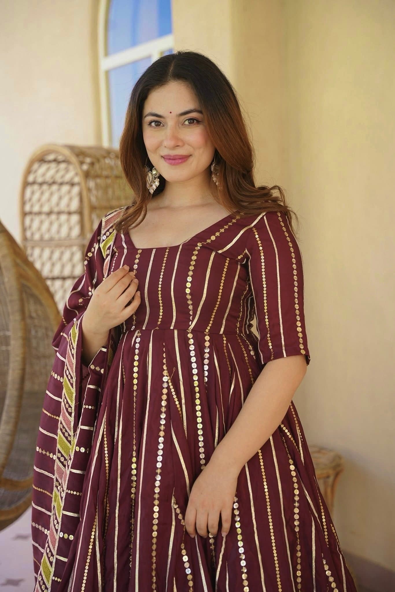 Wine Purple Floral Embroidered Cotton Anarkali Kurta with Palazzo & Striped Dupatta thumbnail 6