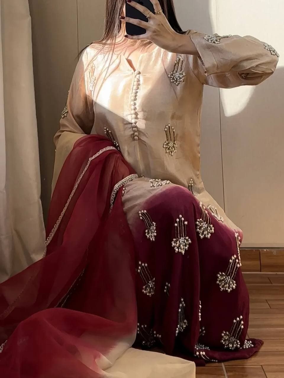 Graceful ethnic look with rich maroon dupatta and classy beige kurta vibes thumbnail 7