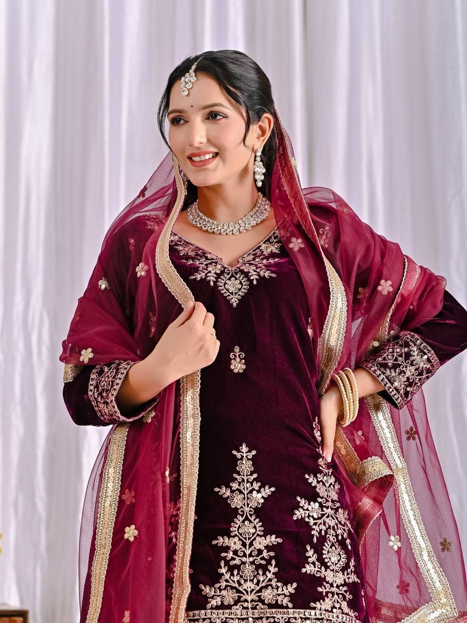 Luxury Maroon Velvet Sharara Set with Exquisite Embroidery thumbnail 4
