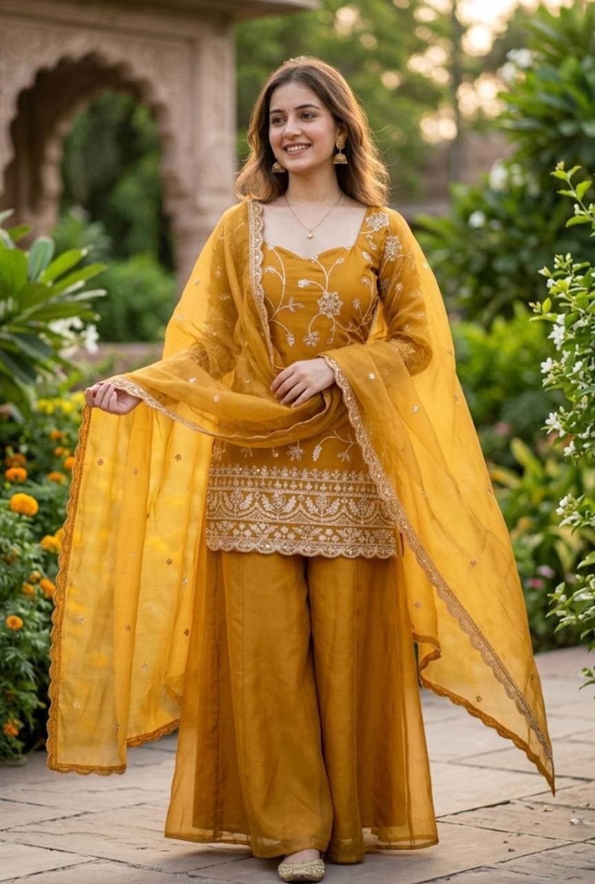 Elegant Mustard Yellow Embroidered Suit Set with Dupatta thumbnail 3