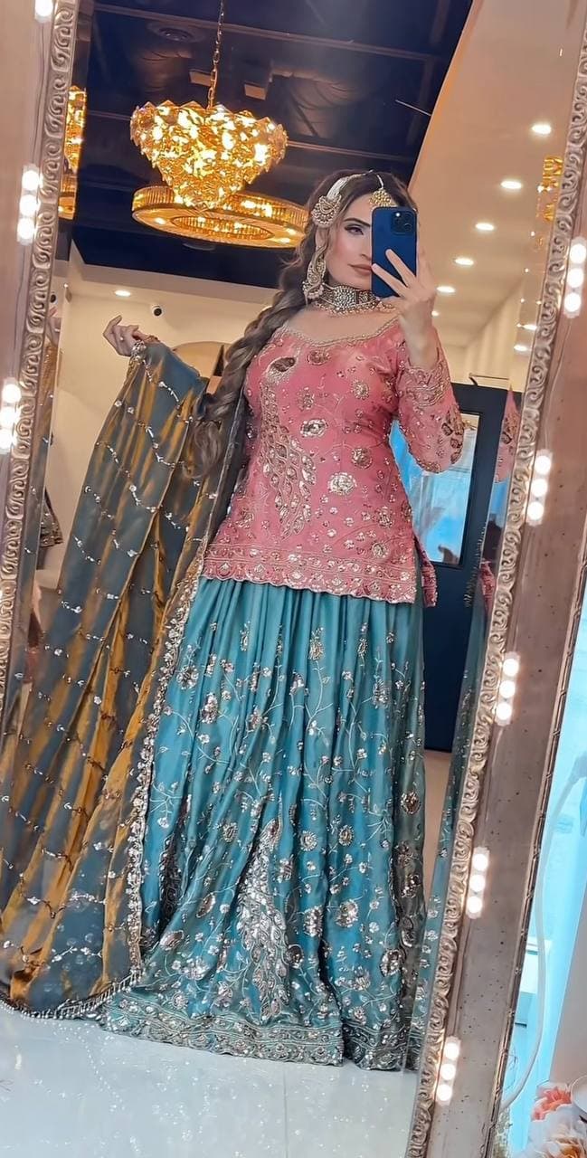 Dusty Pink Heavy Embroidered Silk Peplum Top with Teal Blue Floral Embroidered Plazzo &  Fandy  Dupatta thumbnail 5