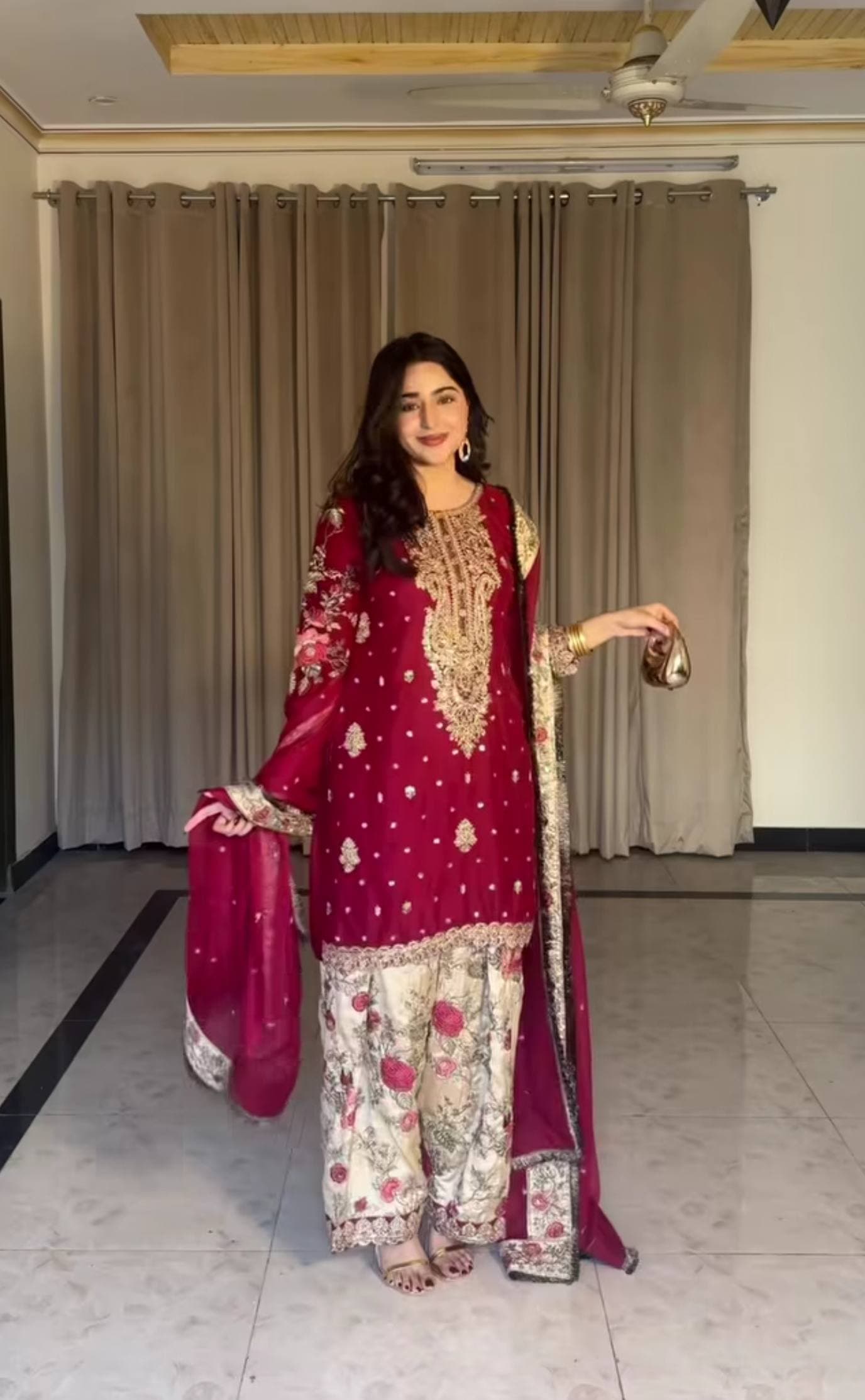 Royal Red Embroidered Kurta with Floral Palazzo Set thumbnail 7