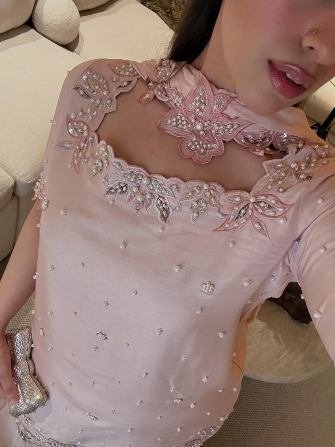 Blush Pink Heavy Floral Embroidered Georgette Straight Suit with Soft Dupatta thumbnail 3