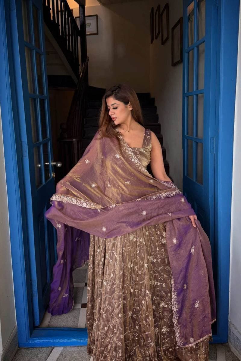Women's Chocolate Brown Heavy Sequin Embroidered Net Flared Party Gown