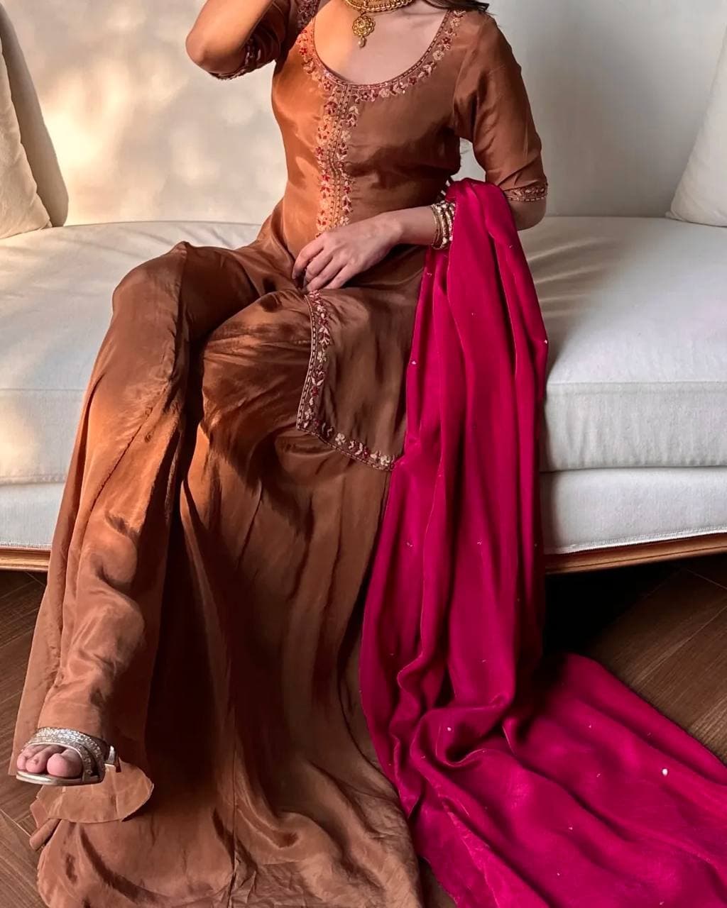 Graceful Brown Party Wear Sharara Set with Contrast Dupatta thumbnail 3