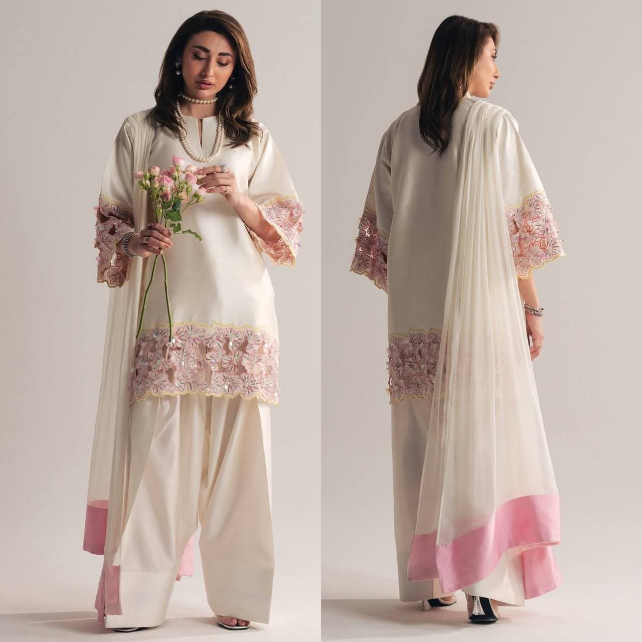 Where Minimalism Meets Luxury – A Stunning Ethnic Look Adorned with Subtle Embroidery, Pearls, and Romantic Floral Vibes