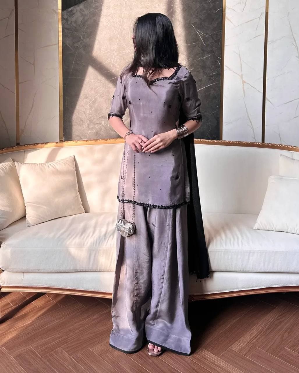 Luxury Grey Party Wear Kurta Palazzo Set with Beautiful Hand Embroidery thumbnail 5