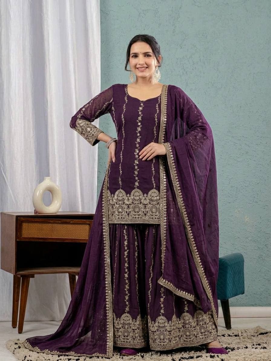 Premium Purple Straight Kurta Sharara Set with Heavy Embroidery