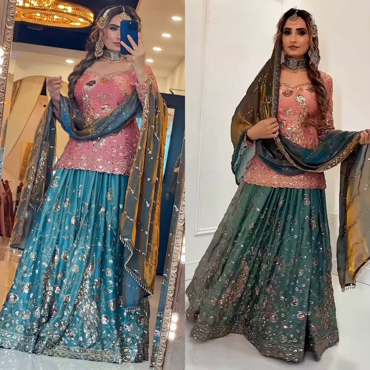 Dusty Pink Heavy Embroidered Silk Peplum Top with Teal Blue Floral Embroidered Plazzo &  Fandy  Dupatta thumbnail 2